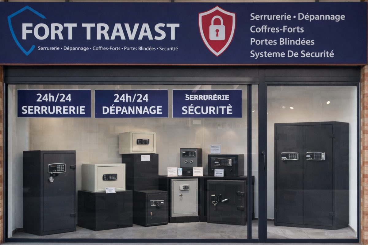 Devanture d'un magasin de serrurerie et coffres-forts « Fort Travast »