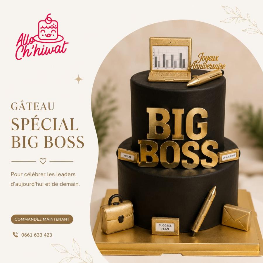 Gâteau d'anniversaire noir et or sur le thème « Big Boss »