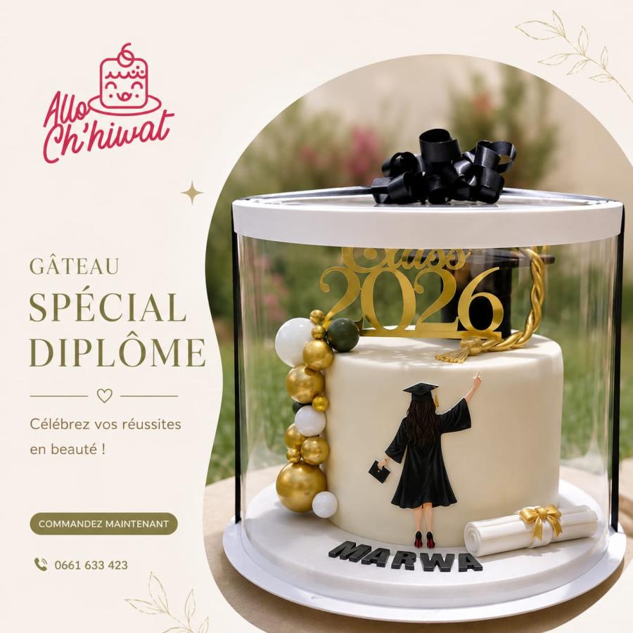 Gâteau de remise de diplôme « Class 2026 » sous cloche transparente