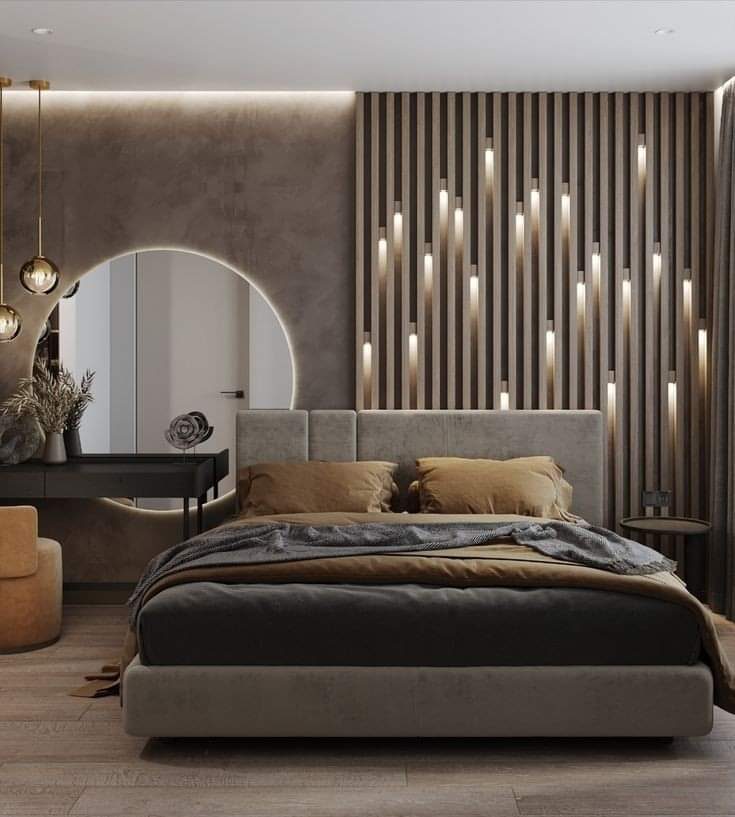 Chambre à tête capitonnée grise et tasseaux à tubes LED