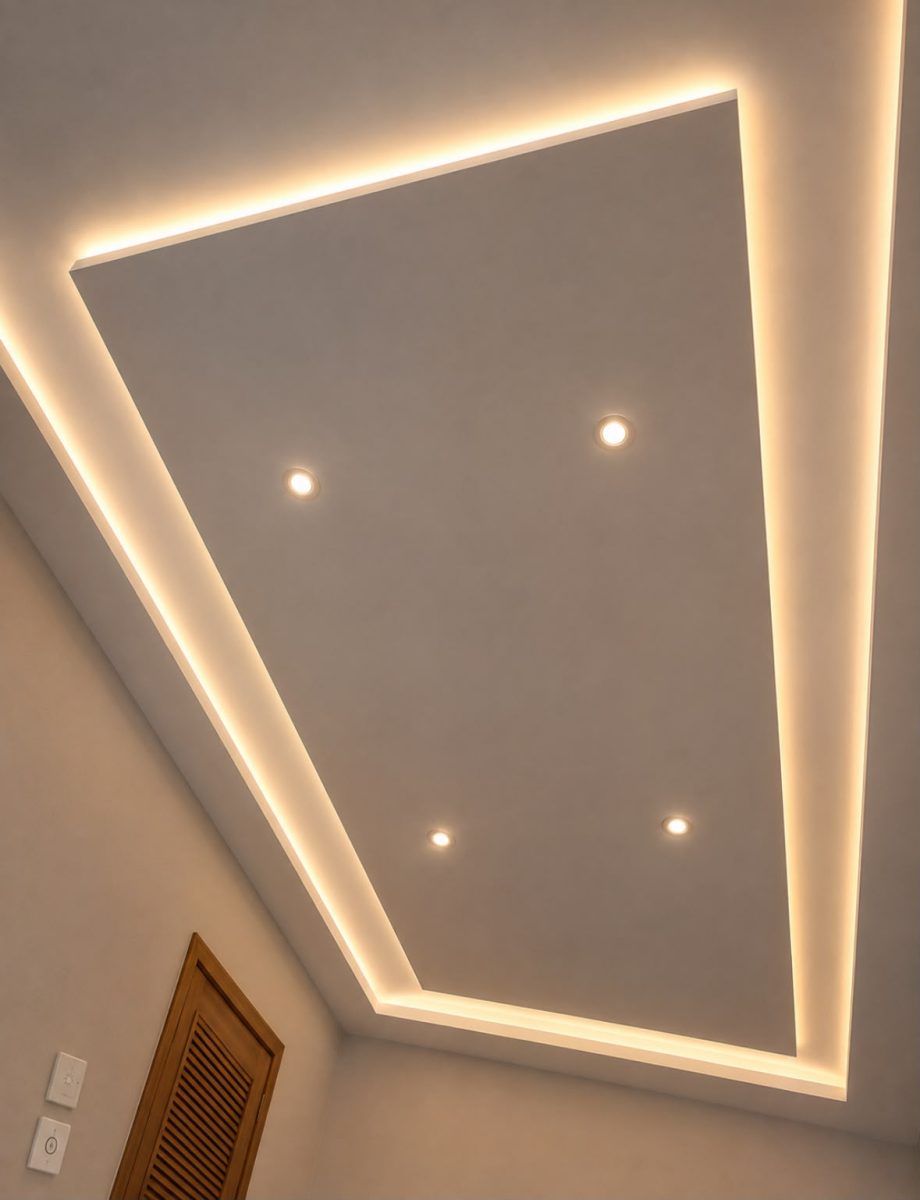 Faux plafond en plâtre à contour lumineux LED, spots et panneau claustra