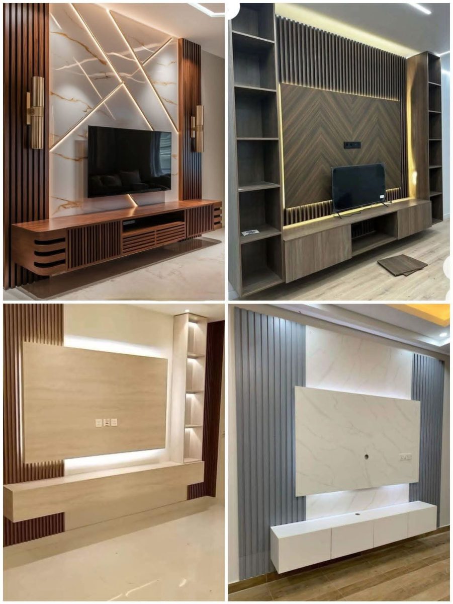 Montage de plusieurs habillages muraux TV en bois et marbre