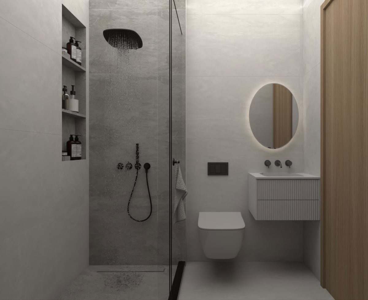 Salle de bain grise moderne avec douche à l'italienne et WC suspendu