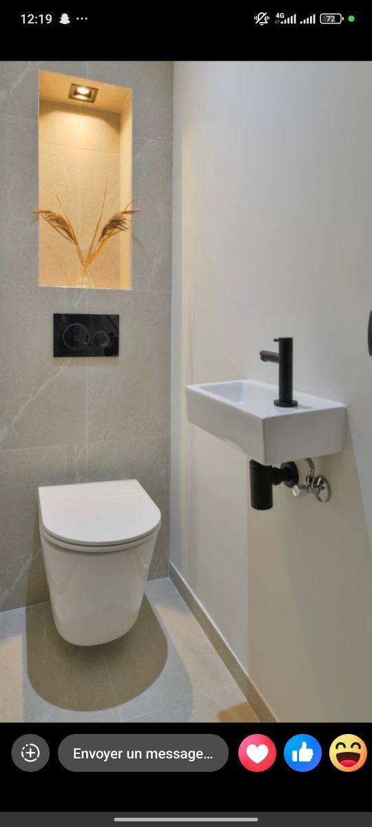 WC suspendu et lave-mains dans une salle d'eau en marbre gris