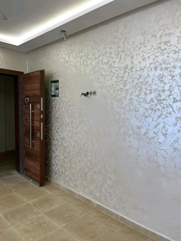 Mur en peinture décorative nacrée argentée près d'une porte en bois