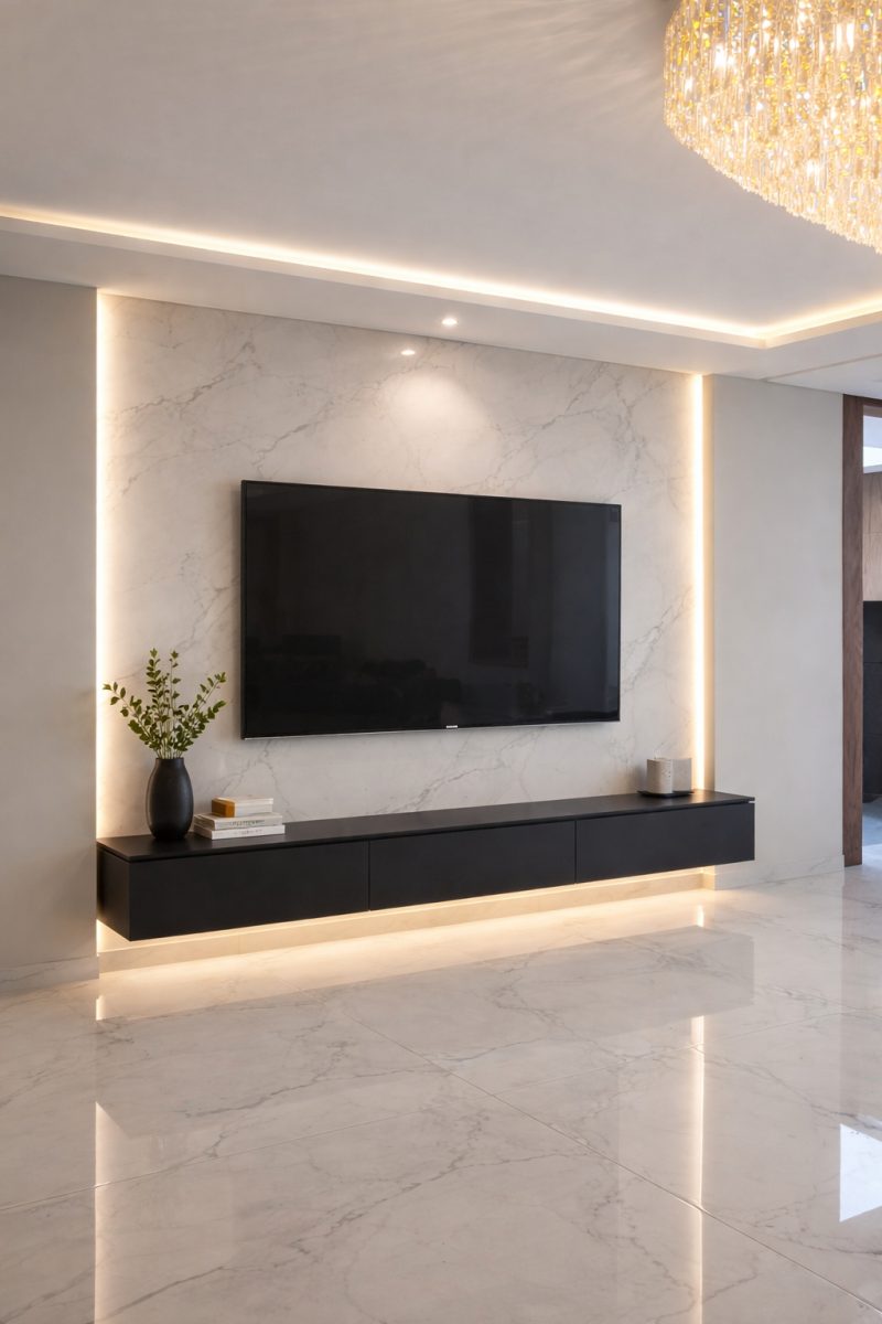 Meuble TV suspendu noir sur panneau effet marbre rétroéclairé