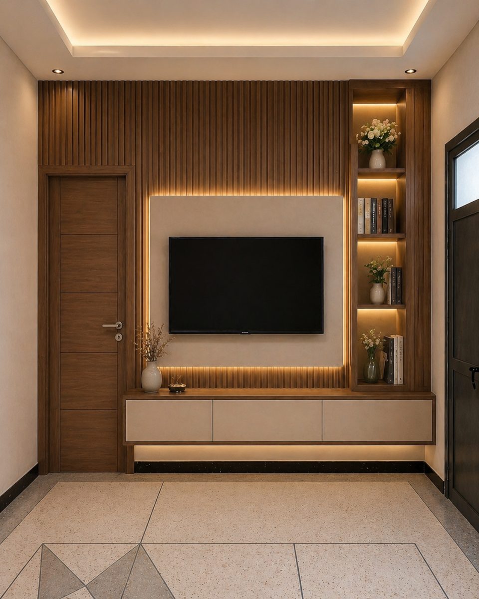 Meuble TV mural en tasseaux de bois rétroéclairés LED