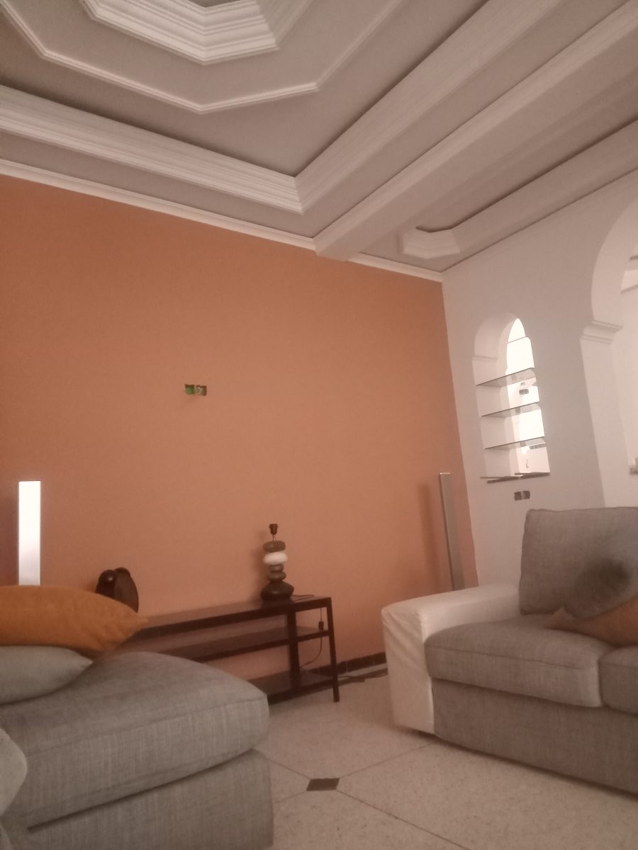 Salon aux murs peints terracotta et plafond à moulures blanches
