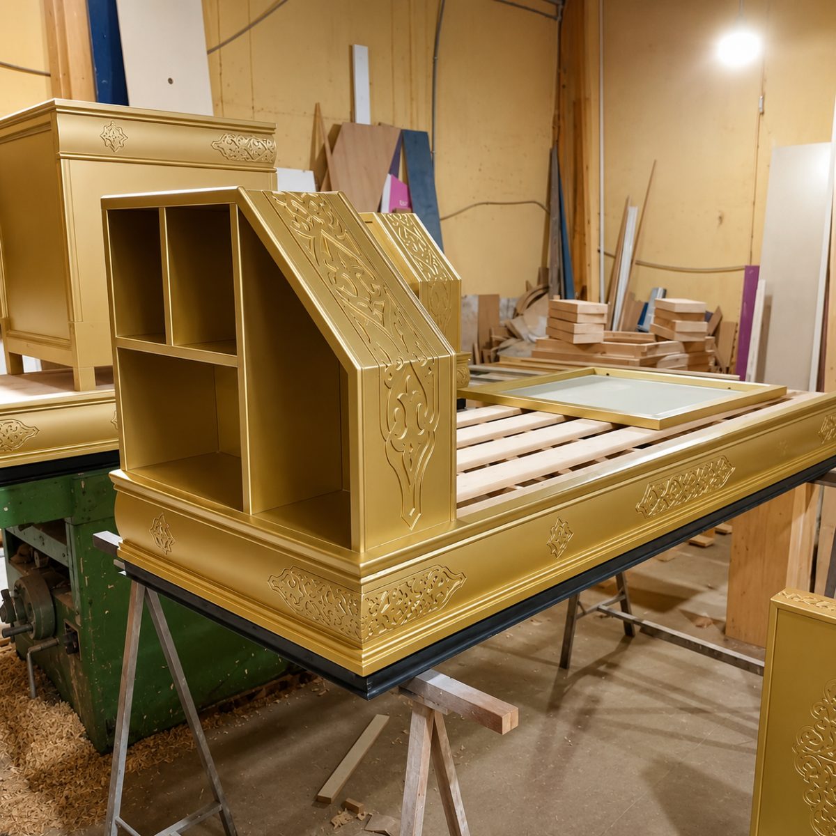 Meubles dorés à sculptures arabesques en cours de finition en atelier