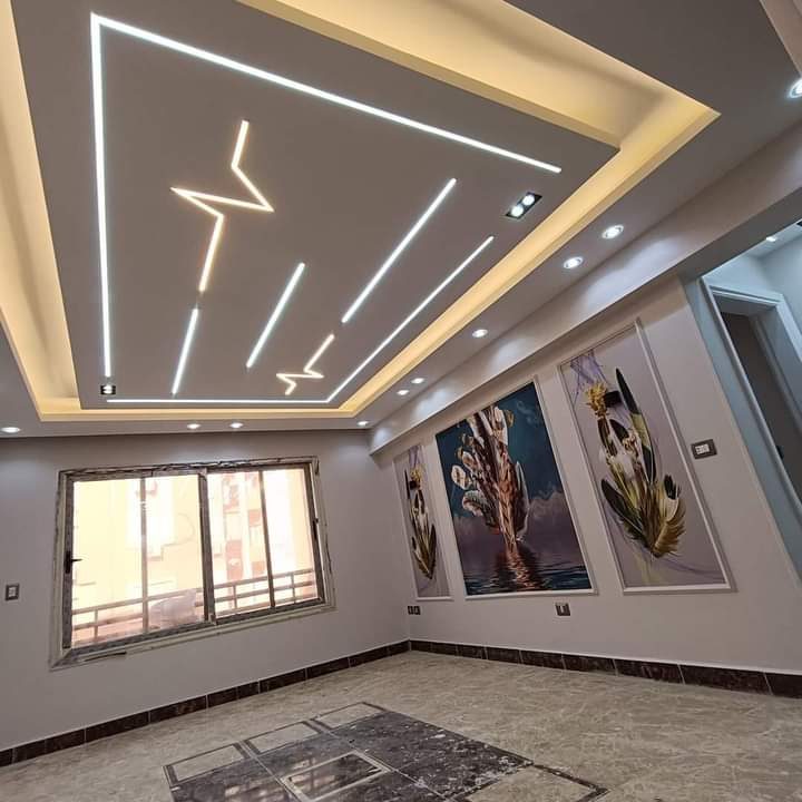 Séjour à faux plafond à lignes lumineuses LED en eclairs