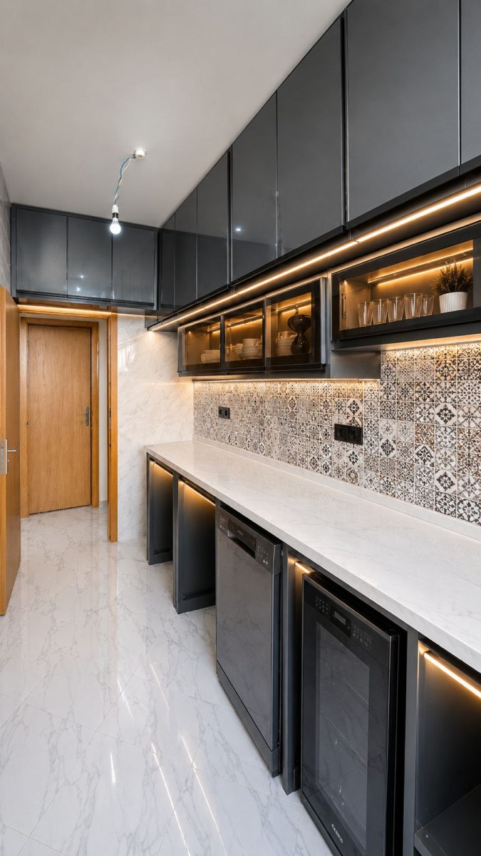 Cuisine en aluminium gris laqué avec vitrines éclairées et plan en marbre