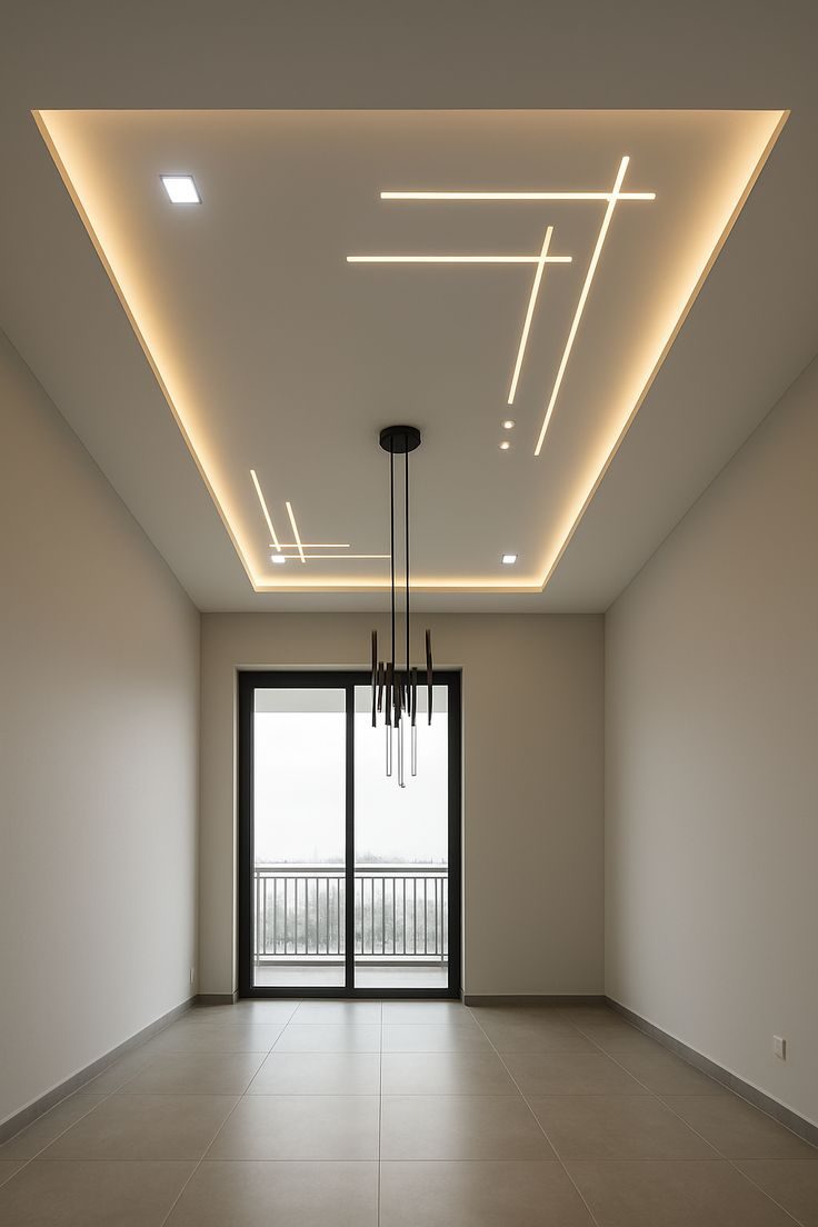 Faux plafond à lignes lumineuses LED et suspension tubulaire