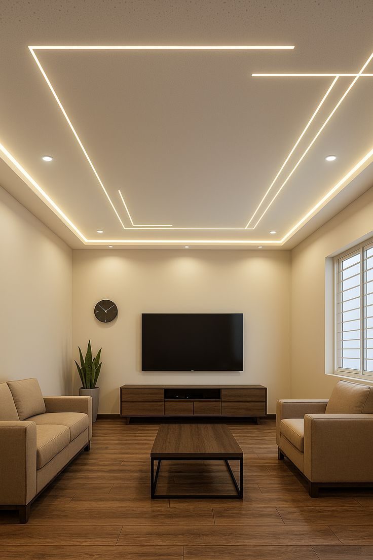 Salon à faux plafond à lignes lumineuses LED et meuble TV bois