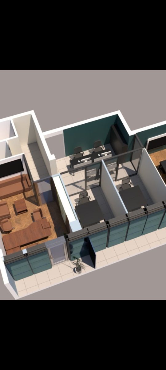 Plan 3D d'un aménagement de bureaux vitrés