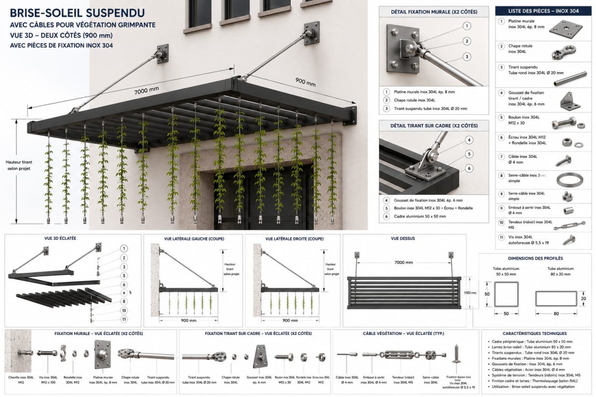 Fiche technique 3D d'un brise-soleil suspendu avec fixations inox 304