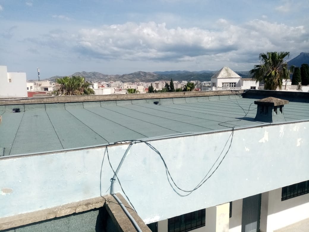 Toiture-terrasse recouverte d'une membrane d'étanchéité verte, en hauteur