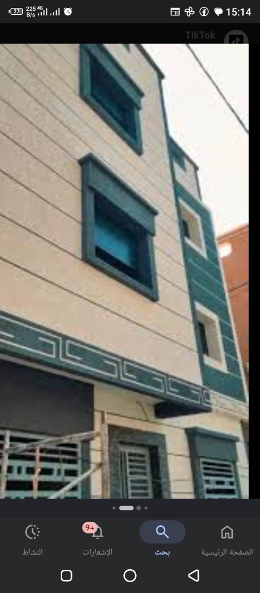Façade en enduit décoratif beige et vert avec frise grecque