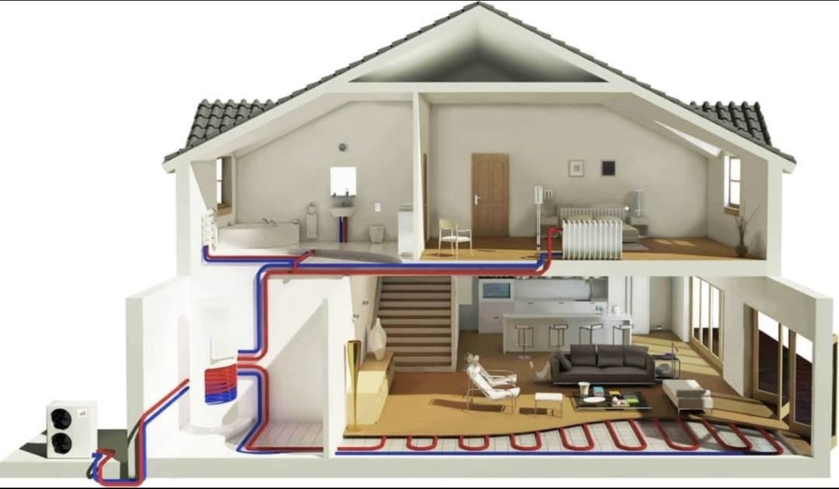 Schéma 3D d'un système de chauffage de maison (pompe à chaleur)