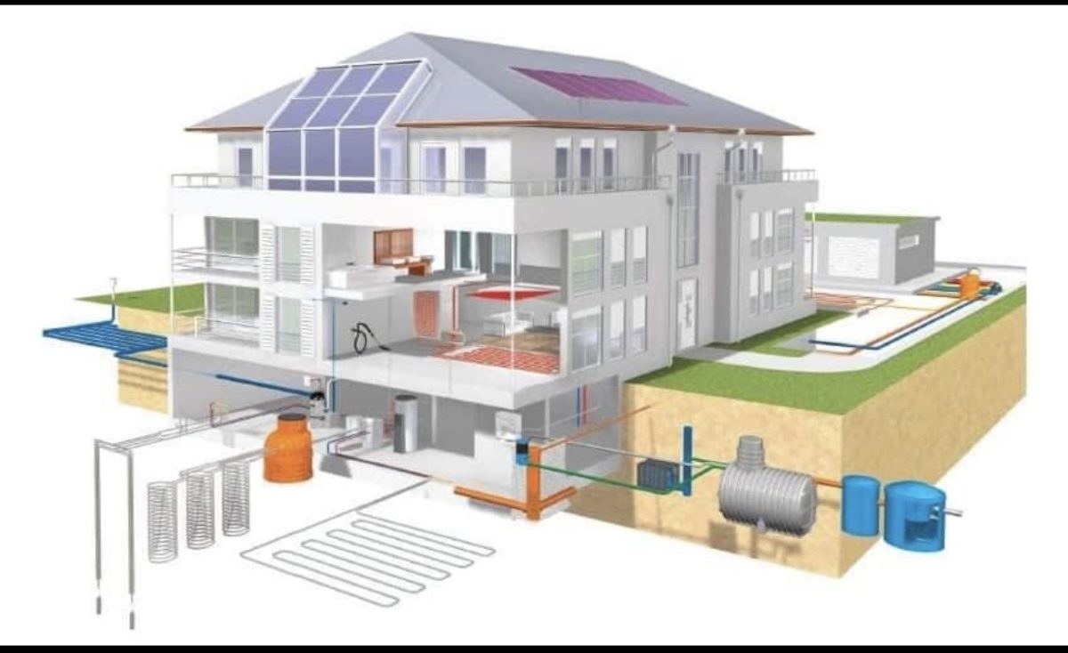 Schéma 3D des réseaux techniques d'une maison (plomberie, chauffage)