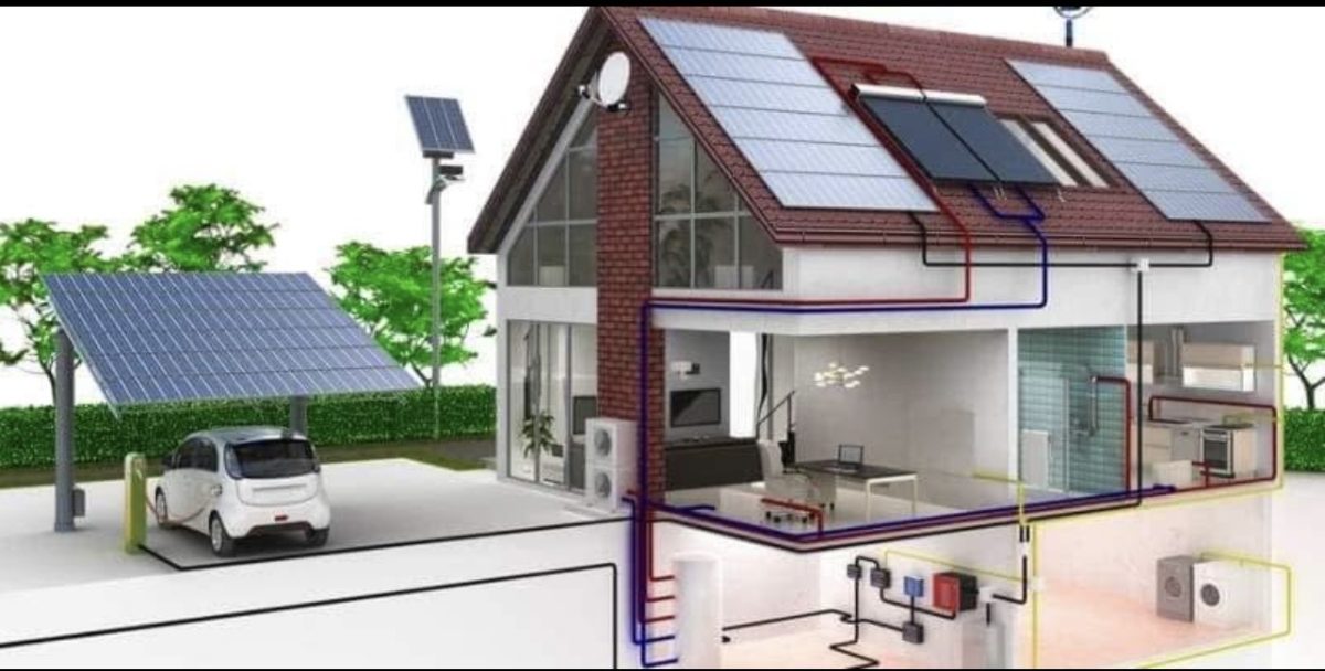 Illustration 3D d'une maison à énergie solaire et pompe à chaleur
