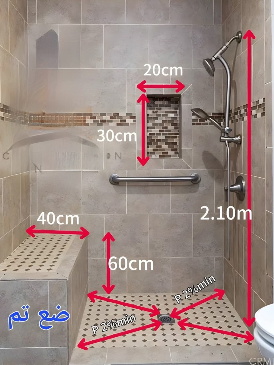 Schéma coté de pose d'une douche carrelée
