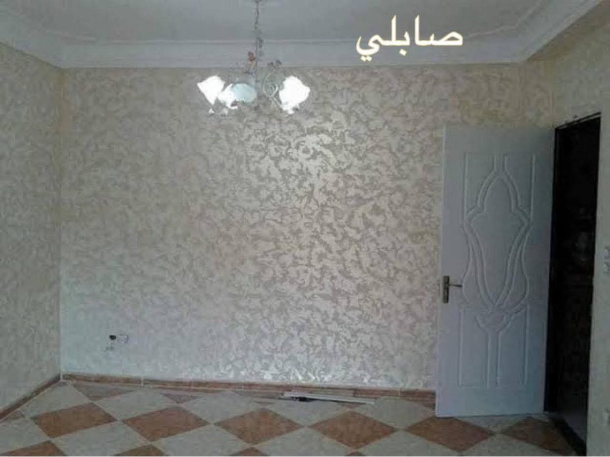 Séjour en peinture décorative damassée argentée avec lustre