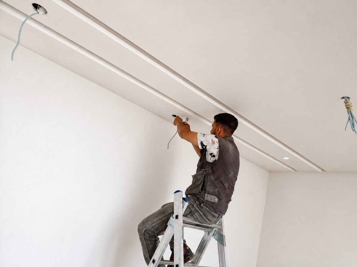 Raccordement des fils d'un spot sur faux plafond, en cours