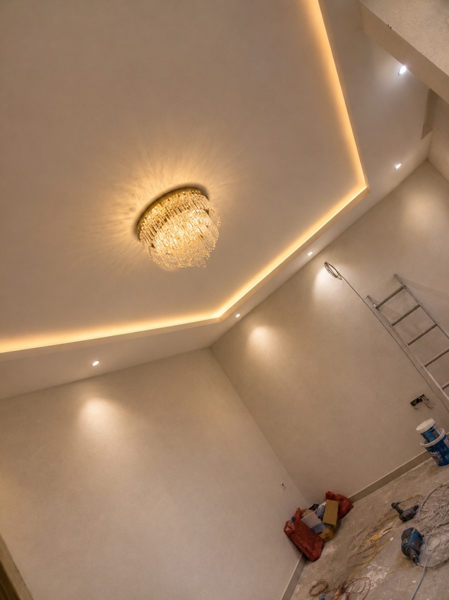 Séjour double hauteur à faux plafond octogonal et lustre cristal