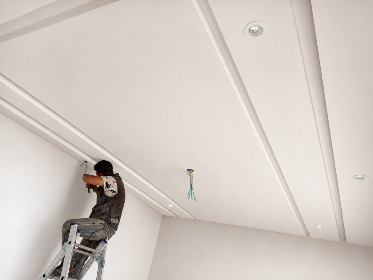 Pose de faux plafond à retombées et raccordement d'un spot