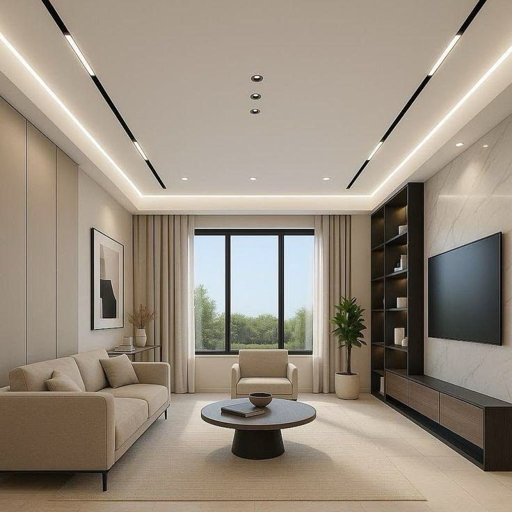 Séjour à faux plafond à gorge LED et réglettes linéaires