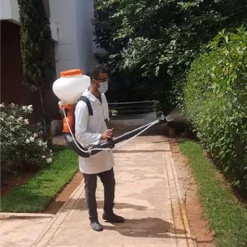 Agent avec pulvérisateur dorsal en désinsectisation dans un jardin