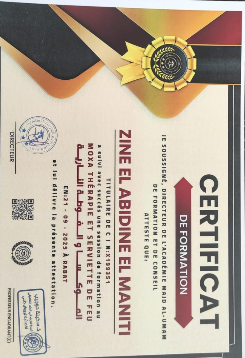 Certificat de formation (moxathérapie et serviette de feu)