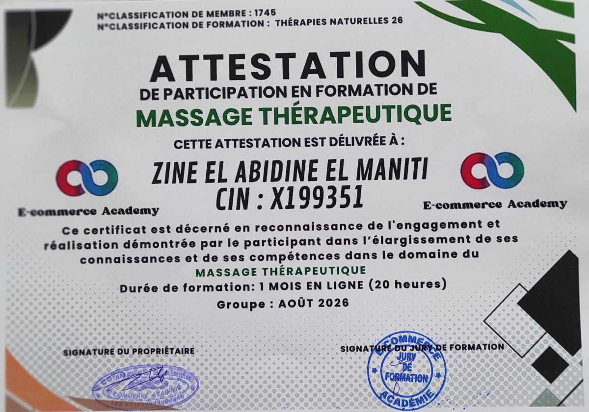 Attestation de formation en massage therapeutique