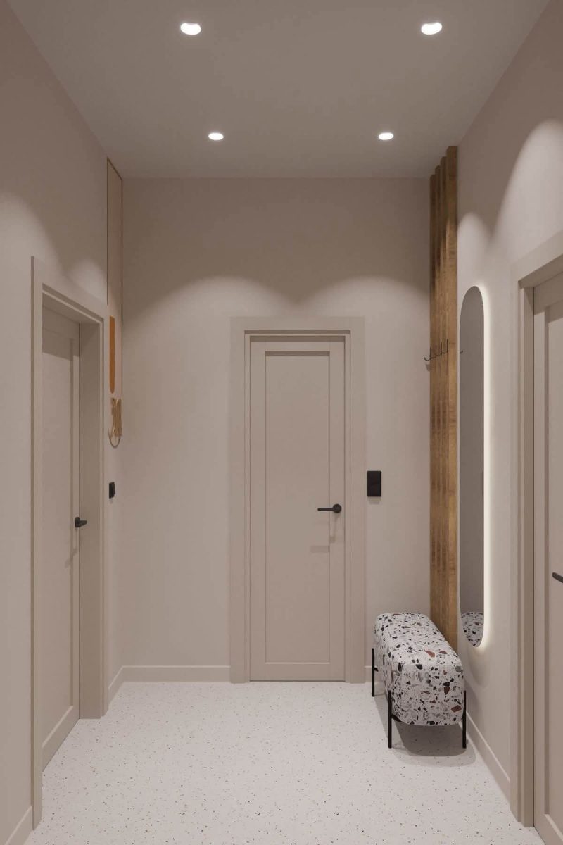 Rendu 3D d'une entrée moderne beige avec miroir LED et banc terrazzo