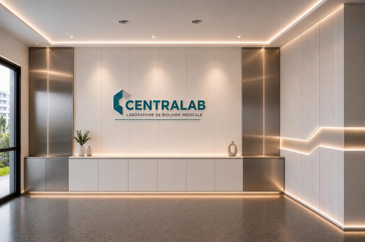Rendu 3D d'un hall d'accueil de laboratoire