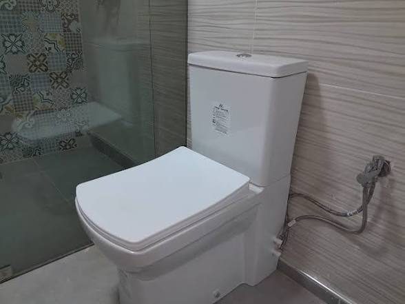 WC à poser avec douchette hygiénique dans une salle d'eau carrelée
