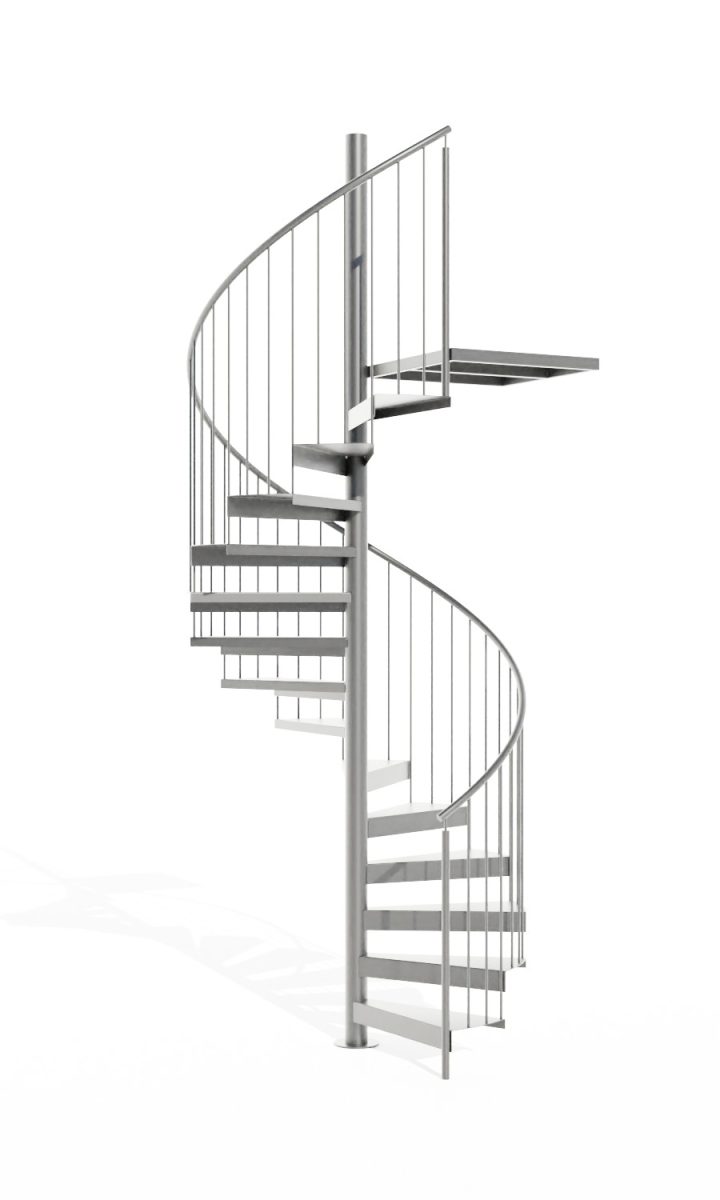 Escalier helicoidal métallique gris à rampe barreaudée