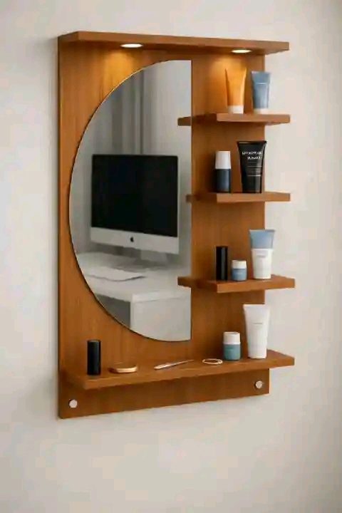 Coiffeuse murale en bois à miroir demi-lune et étagères