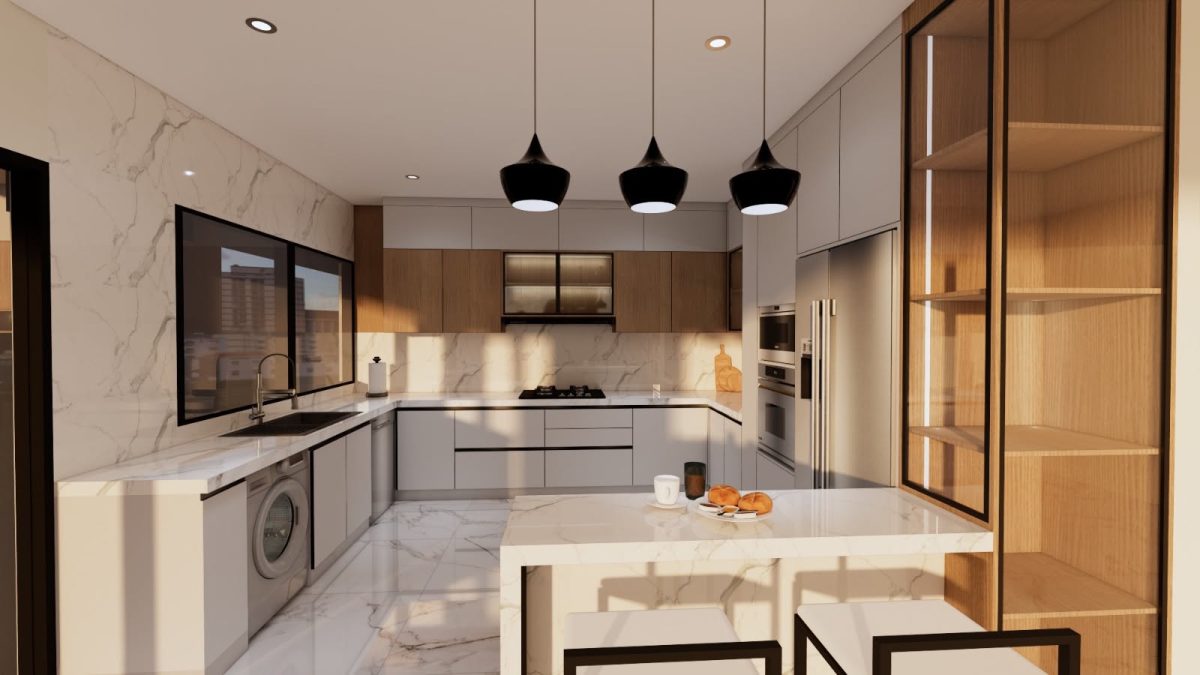 Rendu 3D d'une cuisine moderne en U à îlot en marbre