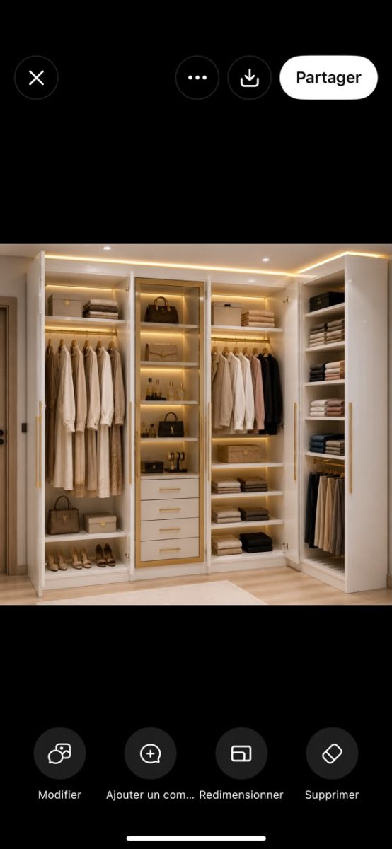 Dressing ouvert blanc laqué à éclairage LED doré