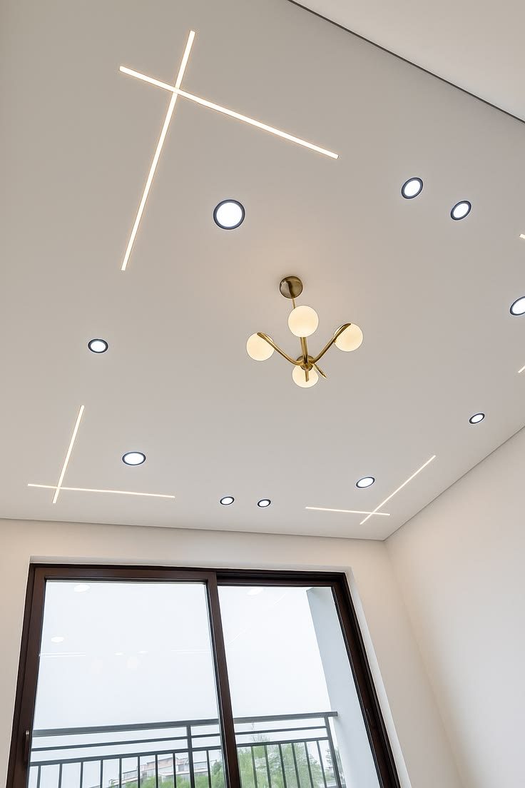 Faux plafond à lignes lumineuses LED en croix et lustre à sphères