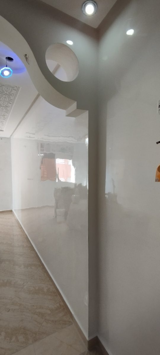 Couloir à faux plafond courbe et oculus avec mur laqué blanc
