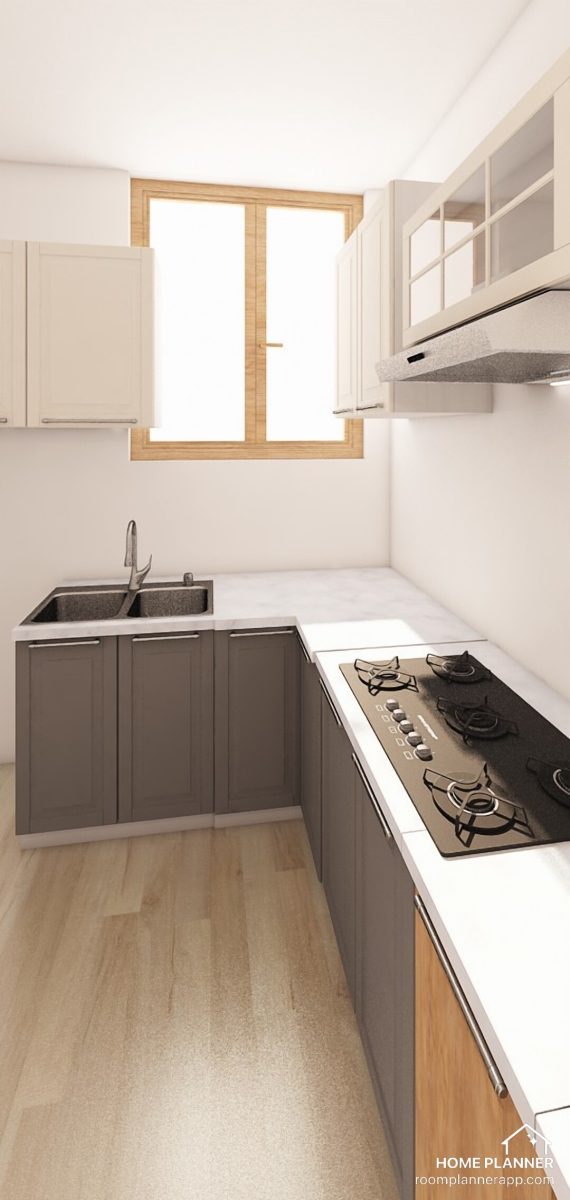 Cuisine en L à meubles anthracite et crème, plan marbre blanc