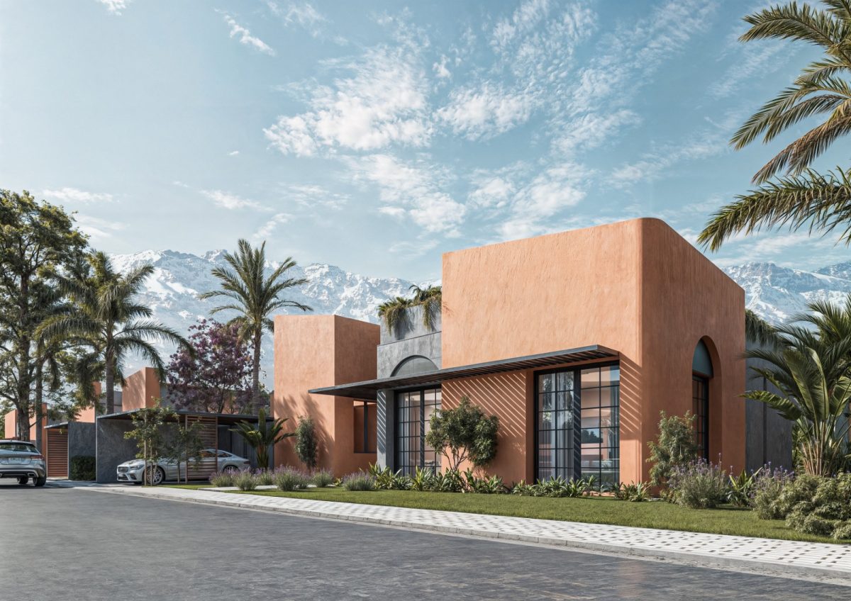 Villas modernes à façades en tadelakt ocre et brise-soleil bois