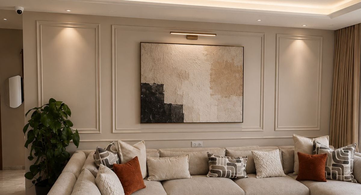 Séjour à mur à moulures beige, toile abstraite et canape