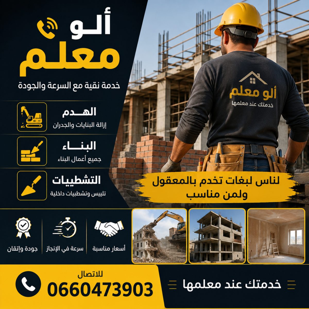 Affiche promotionnelle d'une entreprise de bâtiment (démolition, construction)