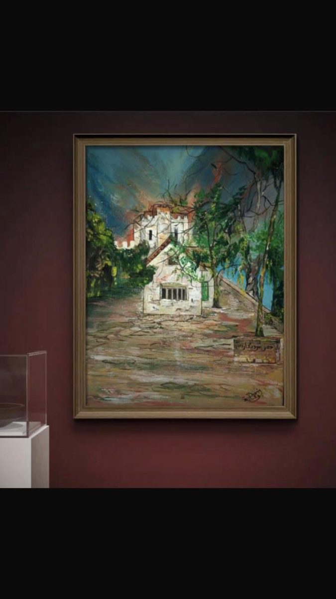 Tableau texturé d'une maison blanche dans un paysage arboré