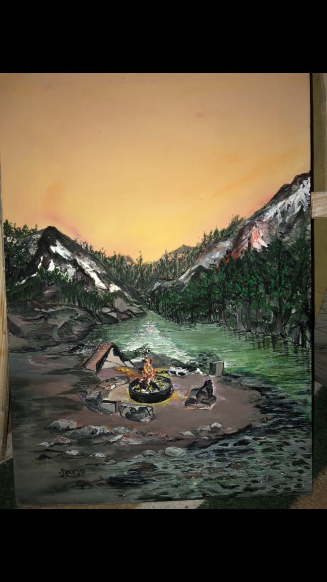 Tableau d'un paysage de montagne avec feu de camp au crépuscule