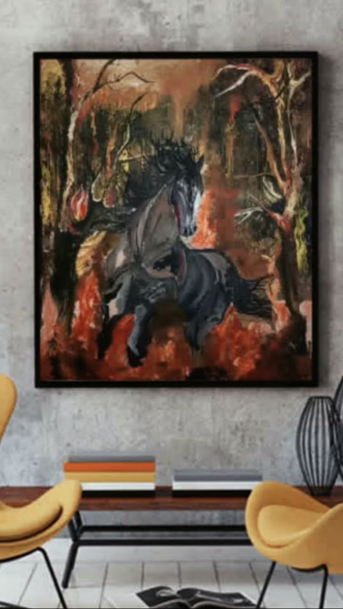 Tableau à l'huile d'un cheval noir dans une forêt en feu