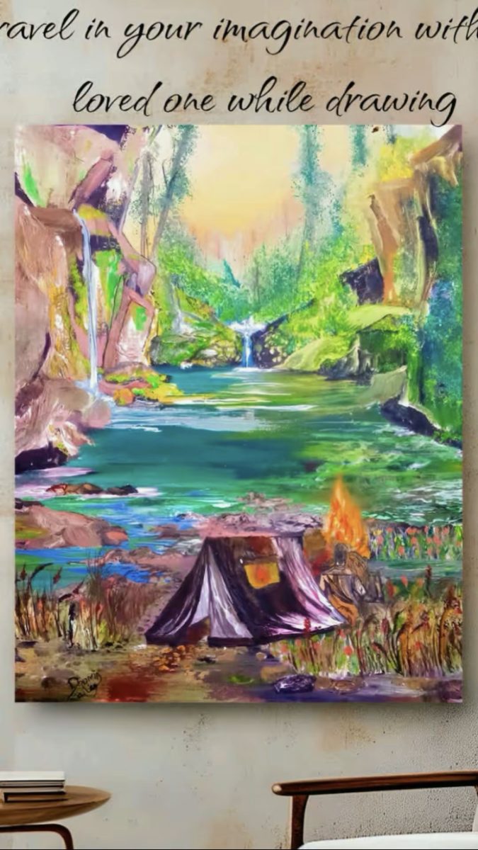 Tableau d'un paysage de cascade avec tente et feu de camp